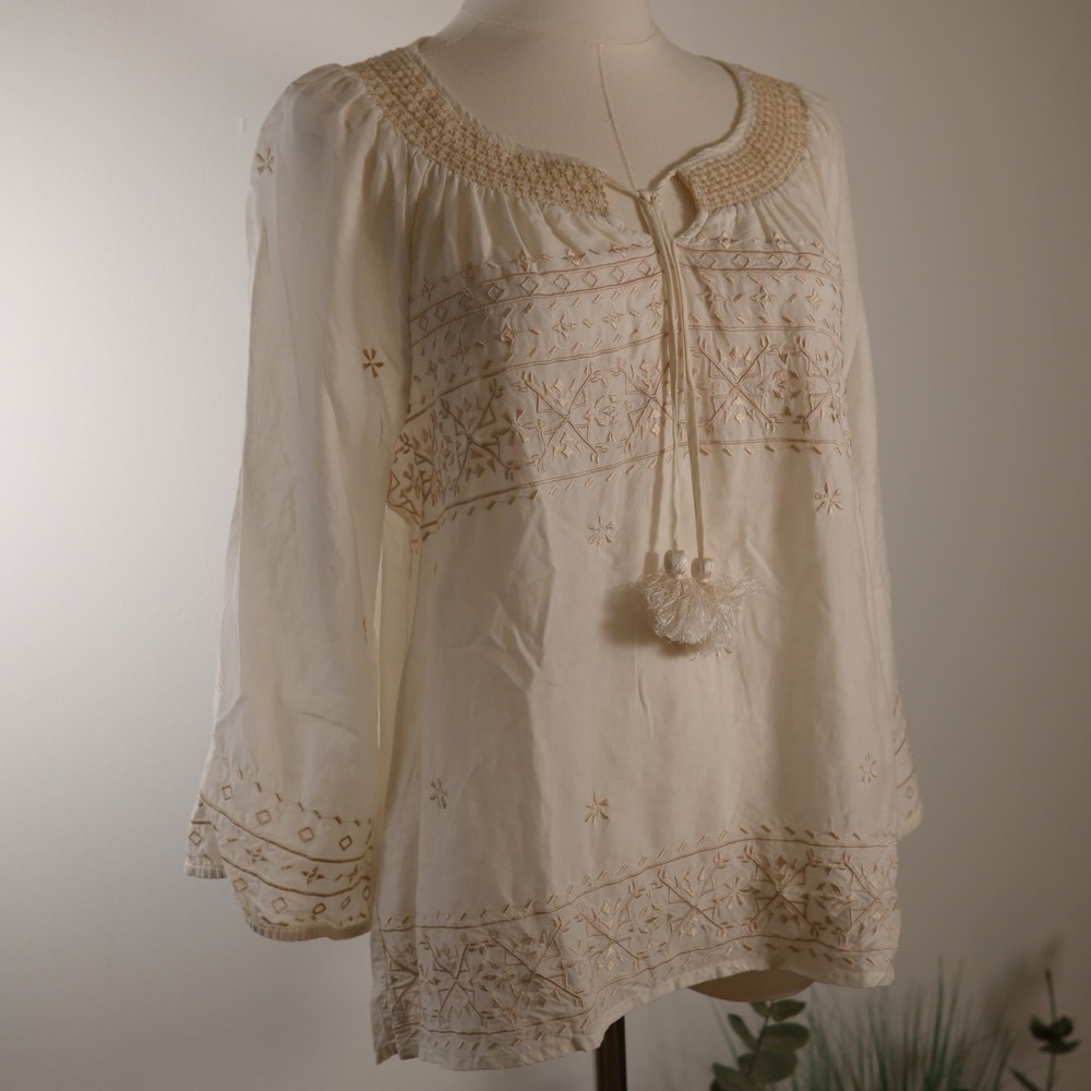 Lucky Brand Ivory Embroidered Tassel Peasant Blouse Top Medium Boho Cotton